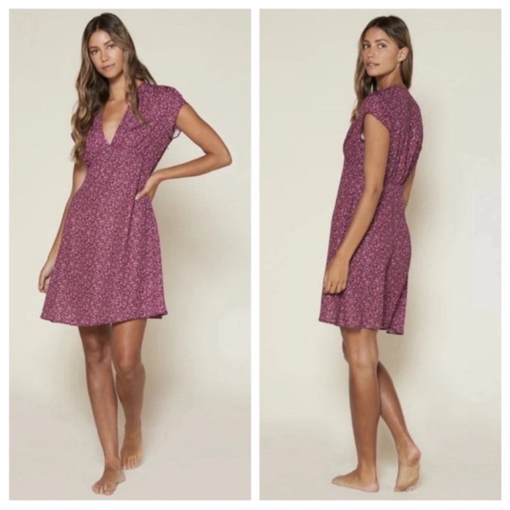 Outerknown‎ Juniper Ditsy Floral Pink Fuchsia Short Sleeve Mini Dress Size L
